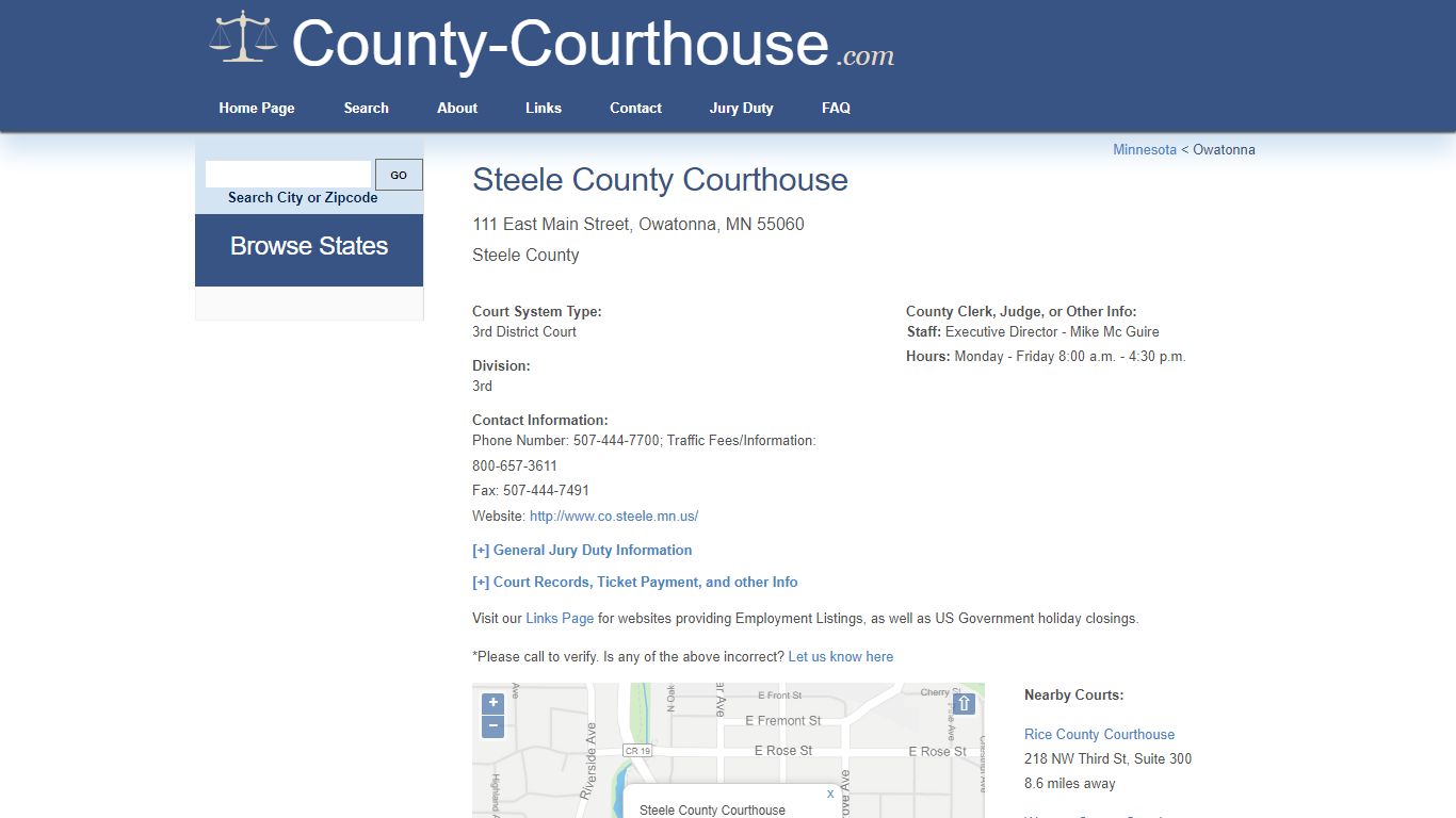 Steele County Courthouse in Owatonna, MN - Court Information